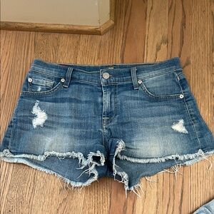7 For All Mankind Blue Frayed Jean Shorts